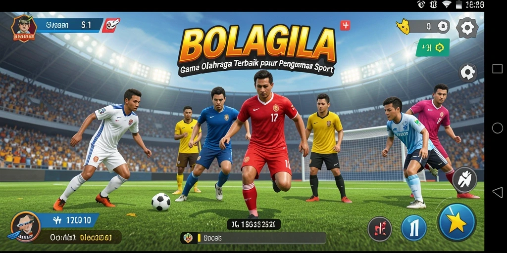 Screenshot utama BOLAGILA menampilkan aksi cepat dalam pertandingan olahraga.